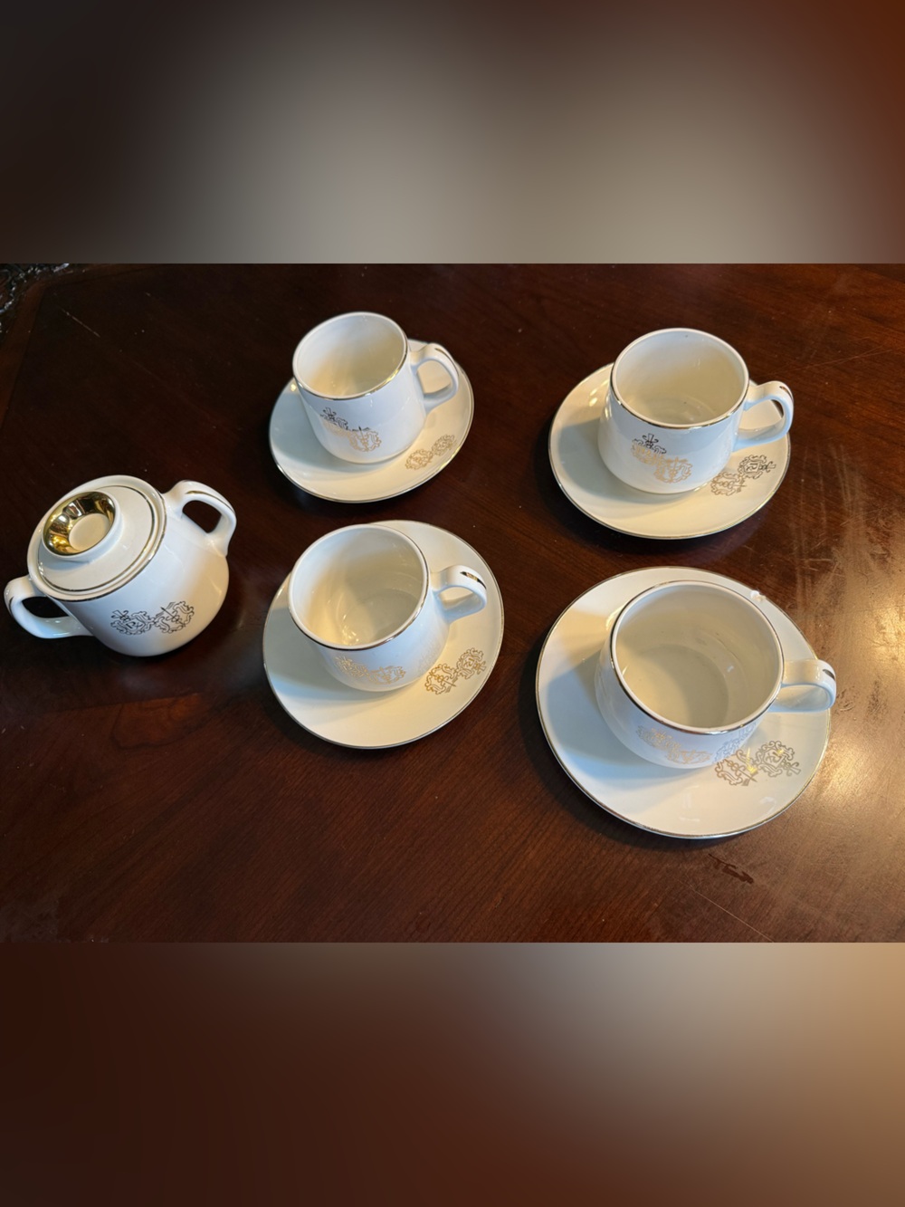 Hall Pottery Apothecary Tea Cups, Saucers, Sugar Bowl